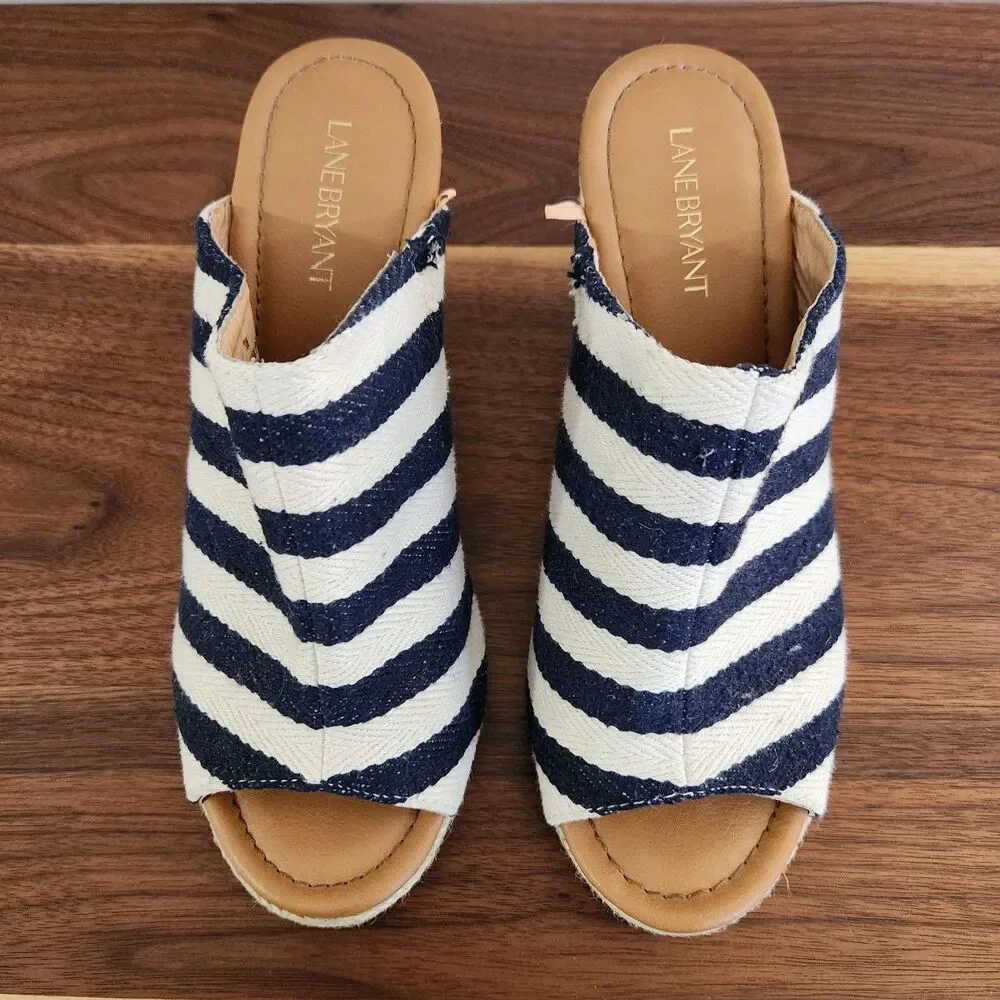 Lane Bryant Espadrille High Wedge Slip On Slide Jute Striped Sandal Shoe 10W